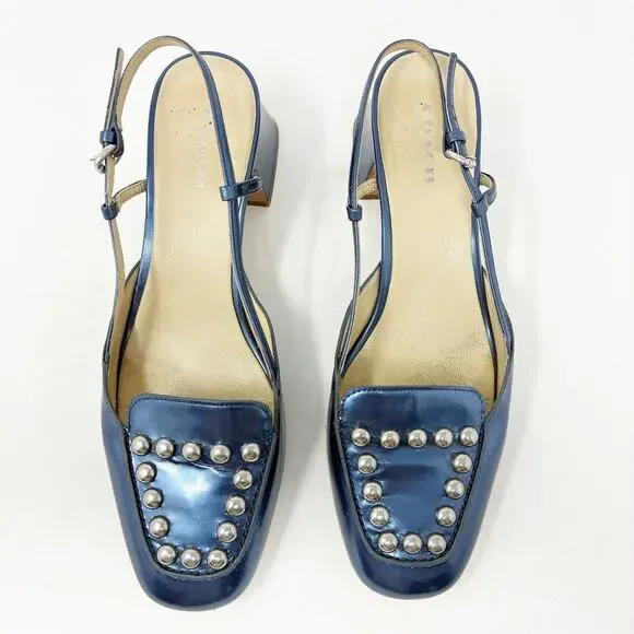 Coach Patent Leather Metallic Blue Studded Block Heel Sling Back Mules 8 - Picture 4 of 7